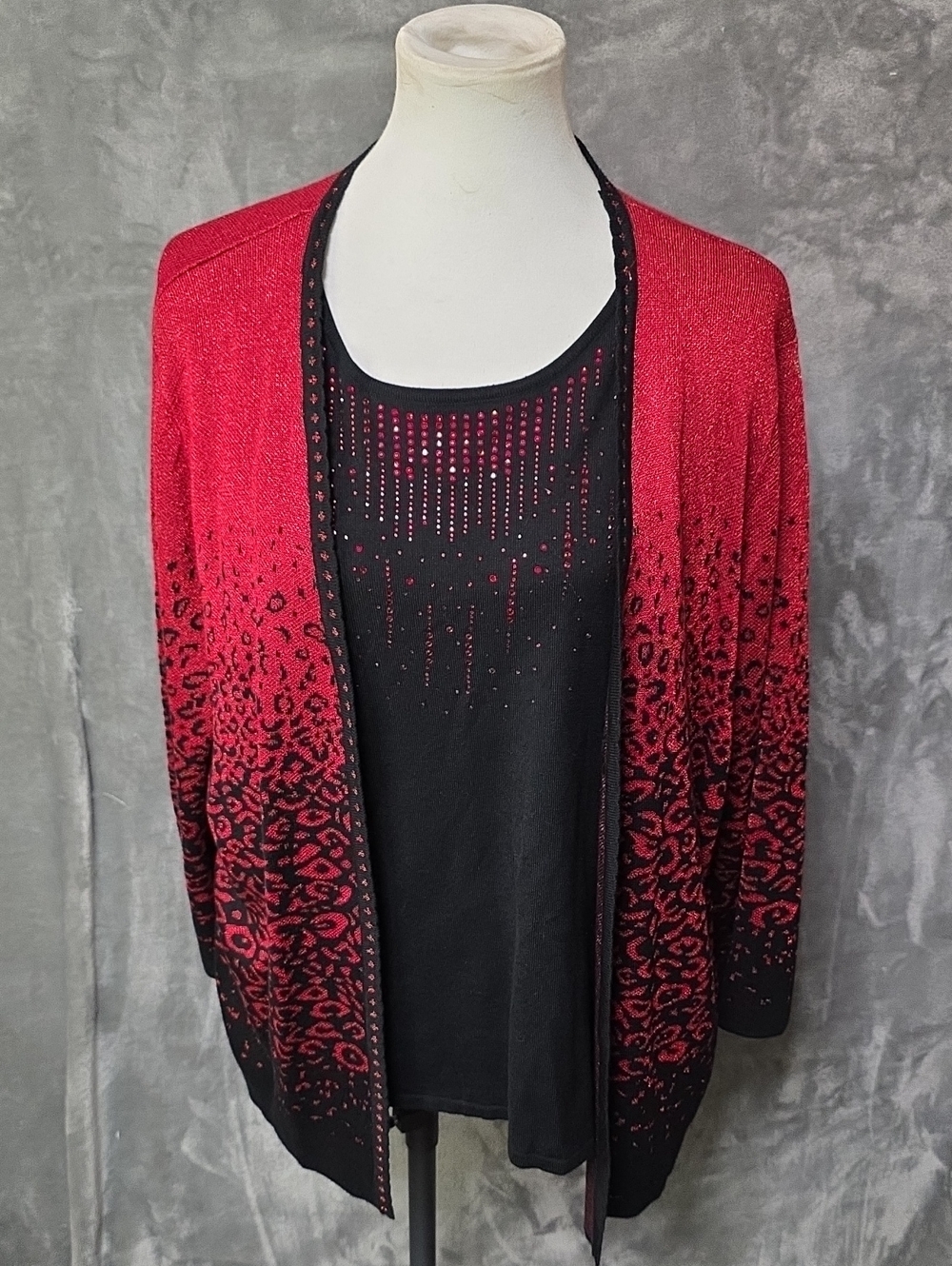 Alfred Dunner Red to Black Ombre Leopard Open-Front Cardigan